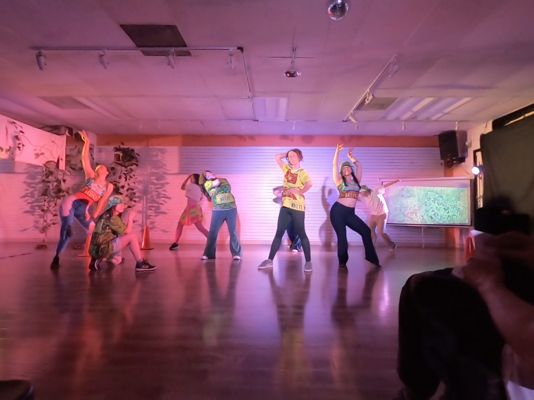 A pink-lit dance studio in which eight dancers wearing clothing with license plates on them stand in various fashion-leaning poses. The license plate art on the clothing reads "HUMAN" "ARTIST."