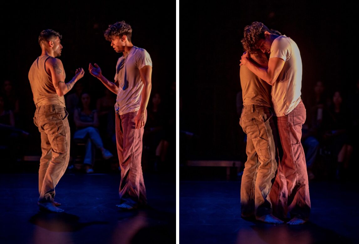 The image has two panels, both with two dancers with short hair dressed in shirt and pants stand on a blue-lit stage. On the left, they hold their arms forward toward one another. On the right, they embrace.